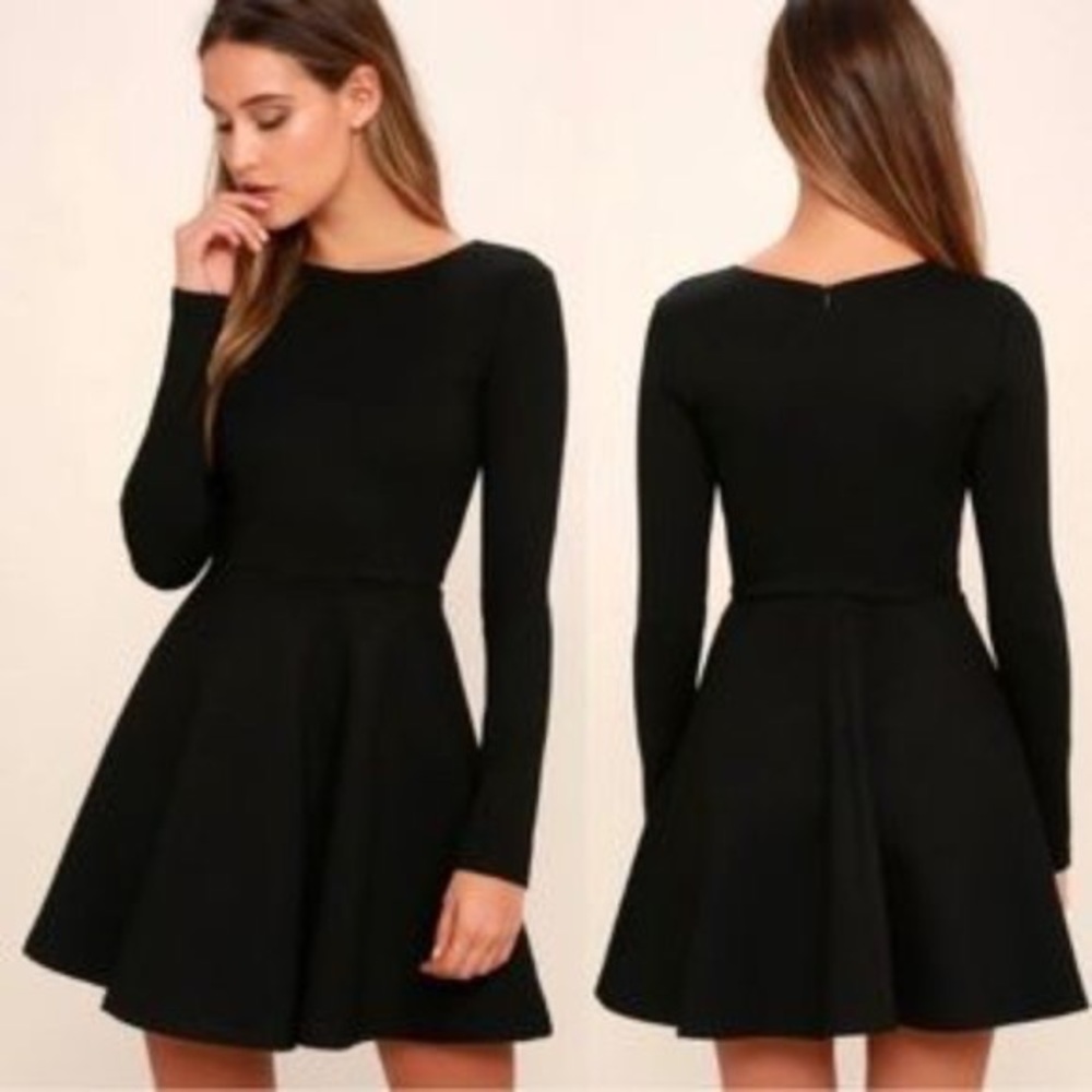 Lulu's NWT Forever Chic Black Long Sleeve Skater Dress M